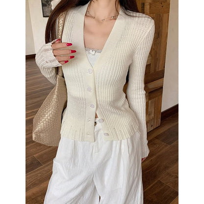 V-Neck Distressed Button-Up Plain Cardigan