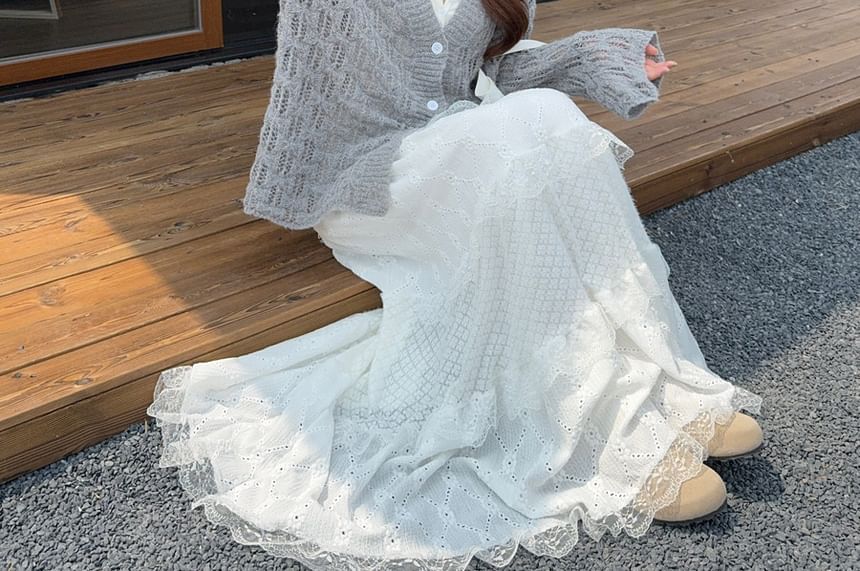V-Neck Perforated Button-Up Plain Cardigan / High Waist Lace Trim Tiered Maxi A-Line Skirt