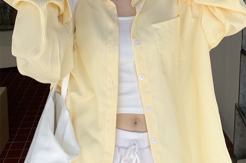 Striped Long-Sleeve Button Blouse with Classic Collar