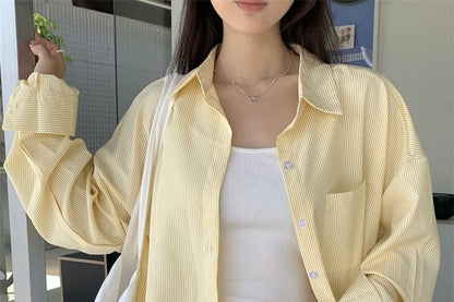 Striped Long-Sleeve Button Blouse with Classic Collar