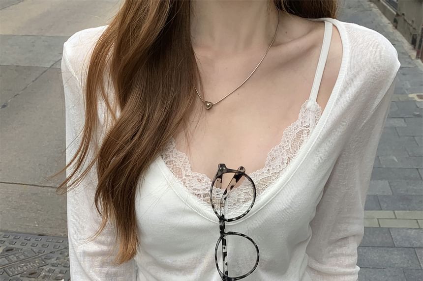 Sheer V-Neck Crop Tee with Lace Detailing - Fitted