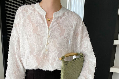 Lace Overhead Shirt with Stand Collar - Long Sleeve