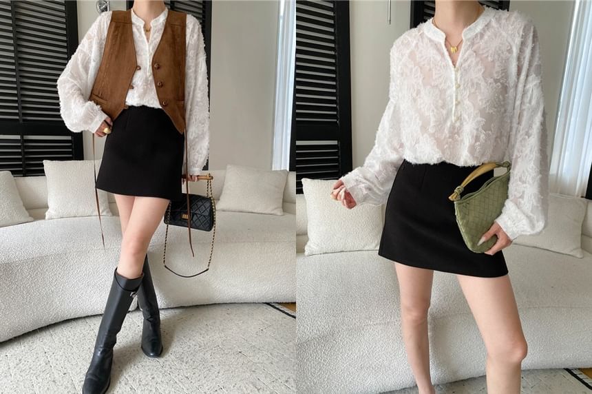 Lace Overhead Shirt with Stand Collar - Long Sleeve