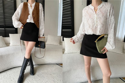 Lace Overhead Shirt with Stand Collar - Long Sleeve