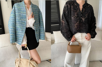 Lace Overhead Shirt with Stand Collar - Long Sleeve