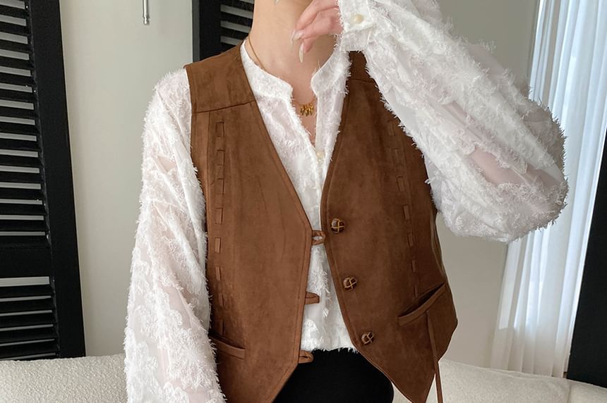 Lace Overhead Shirt with Stand Collar - Long Sleeve