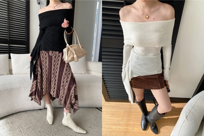 Off-Shoulder Knit Top - Long Sleeve Cozy Style
