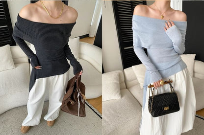 Off-Shoulder Knit Top - Long Sleeve Cozy Style