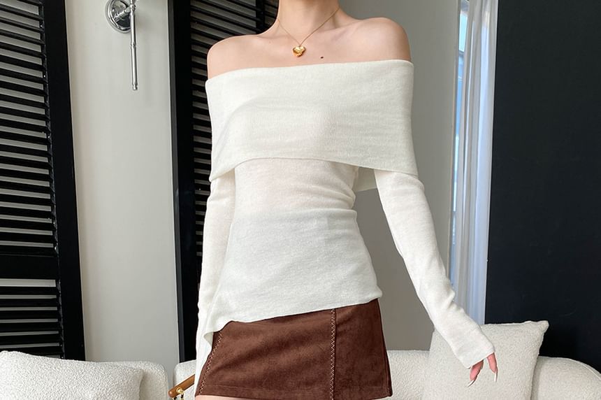 Off-Shoulder Knit Top - Long Sleeve Cozy Style