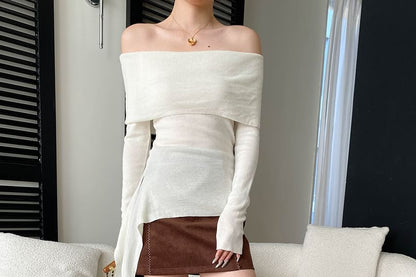 Off-Shoulder Knit Top - Long Sleeve Cozy Style