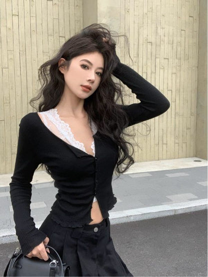 V-Neck Plain Ribbed Cardigan / V-Neck Plain Lace Tank Top