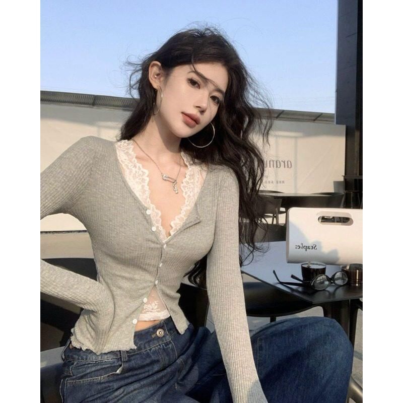 V-Neck Plain Ribbed Cardigan / V-Neck Plain Lace Tank Top