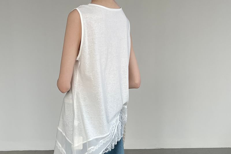 Asymmetric Long Top with Lace Panel - Sleeveless