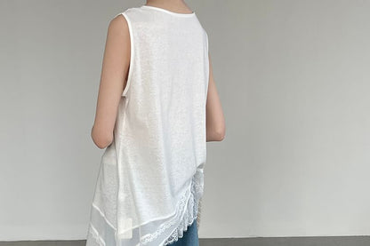 Asymmetric Long Top with Lace Panel - Sleeveless