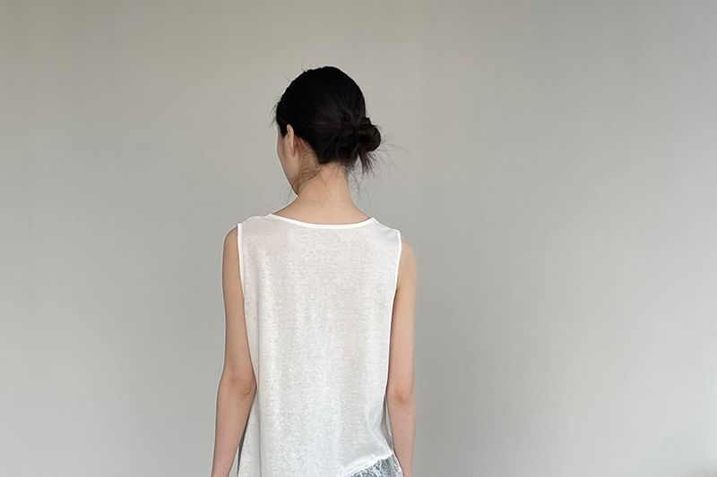 Asymmetric Long Top with Lace Panel - Sleeveless