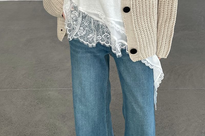 Asymmetric Long Top with Lace Panel - Sleeveless