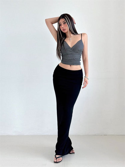 Shirred Striped Crop Top with V-Neckline - Trendy