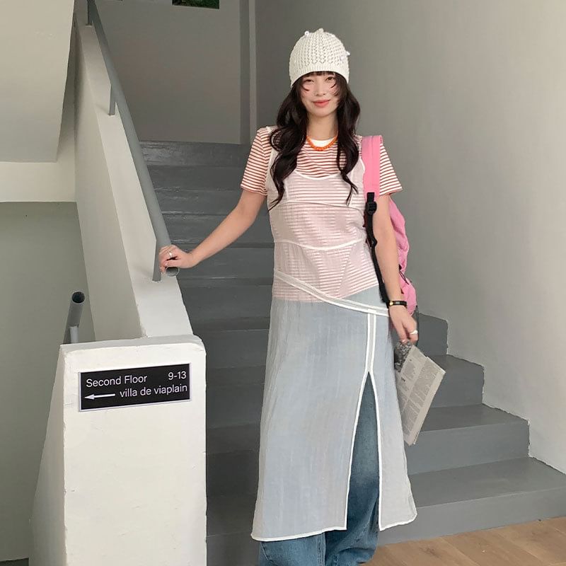Spaghetti Strap Scoop Neck Plain Sheer Slit Midi Overall Dress