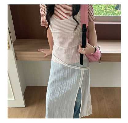 Spaghetti Strap Scoop Neck Plain Sheer Slit Midi Overall Dress