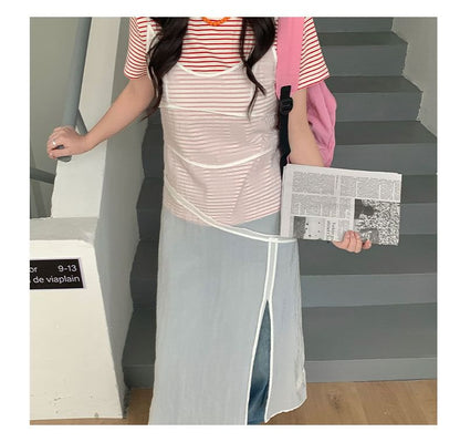 Spaghetti Strap Scoop Neck Plain Sheer Slit Midi Overall Dress