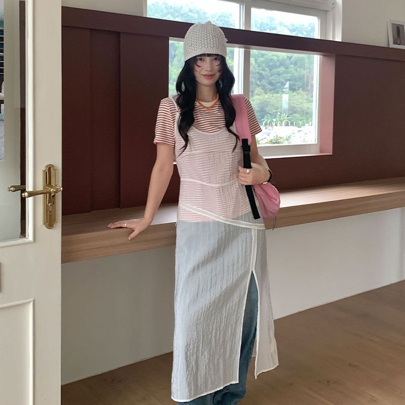 Spaghetti Strap Scoop Neck Plain Sheer Slit Midi Overall Dress