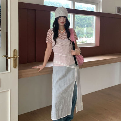Spaghetti Strap Scoop Neck Plain Sheer Slit Midi Overall Dress