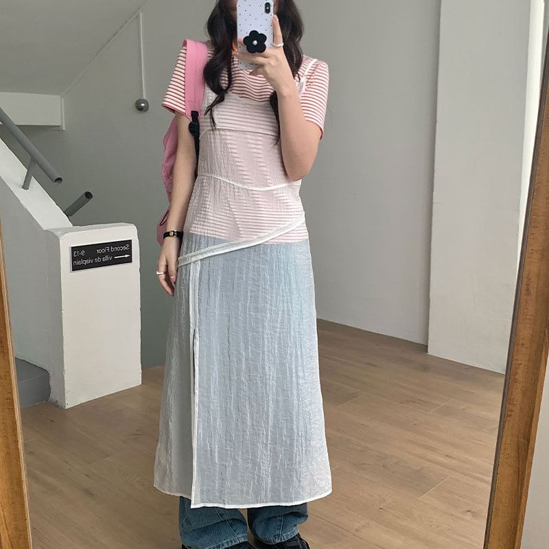 Spaghetti Strap Scoop Neck Plain Sheer Slit Midi Overall Dress