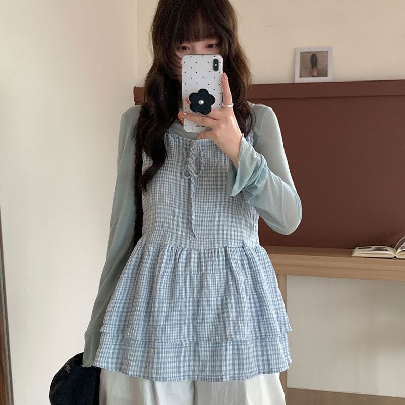 Tie Front Layered Plaid Tunic