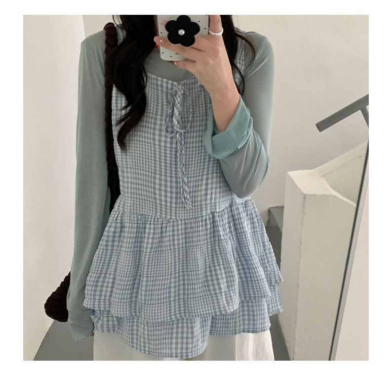 Tie Front Layered Plaid Tunic