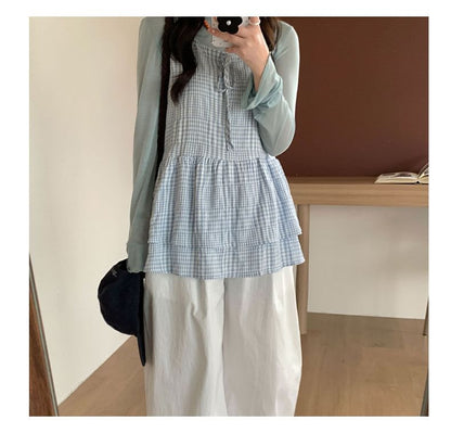 Tie Front Layered Plaid Tunic
