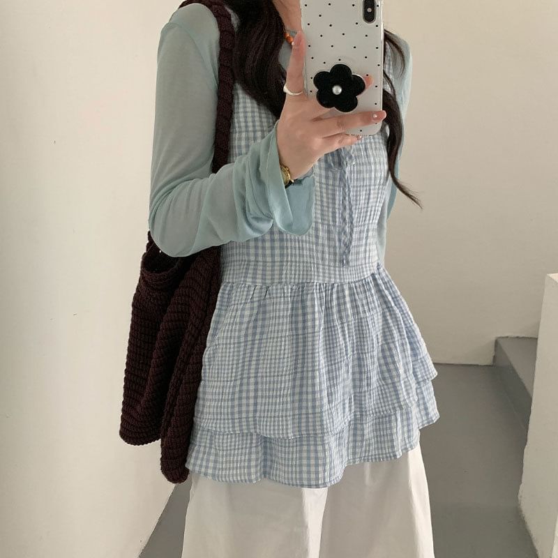 Tie Front Layered Plaid Tunic