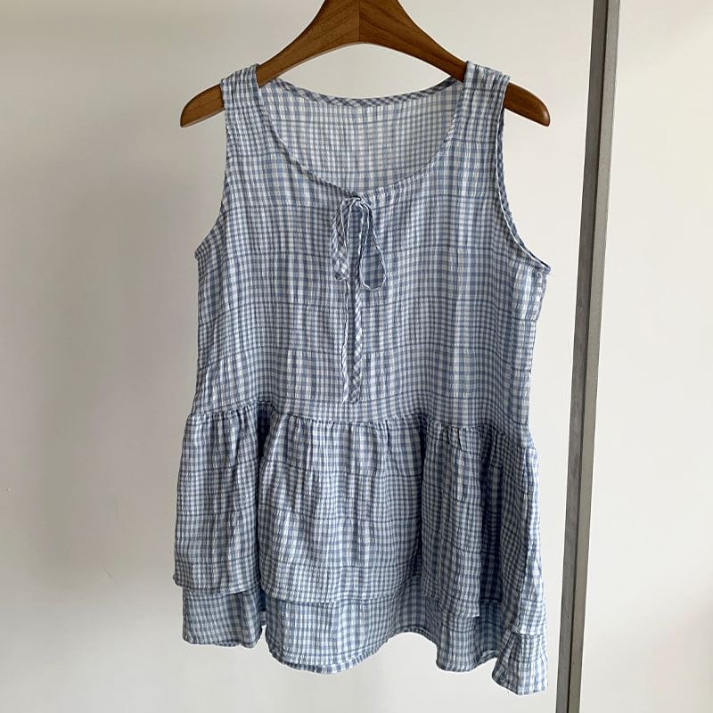 Tie Front Layered Plaid Tunic