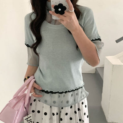 Contrast Trim Lettuce Edge Knit Top