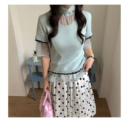 Contrast Trim Lettuce Edge Knit Top