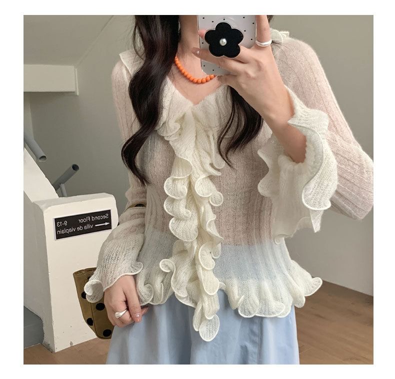 Sheer Frill Trim V-Neck Knit Top