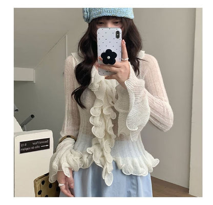 Sheer Frill Trim V-Neck Knit Top