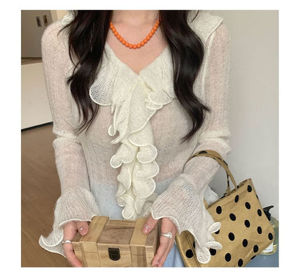 Sheer Frill Trim V-Neck Knit Top