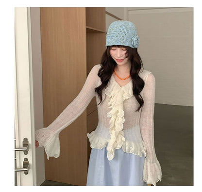 Sheer Frill Trim V-Neck Knit Top