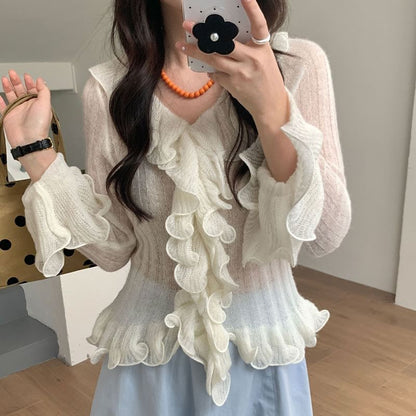 Sheer Frill Trim V-Neck Knit Top