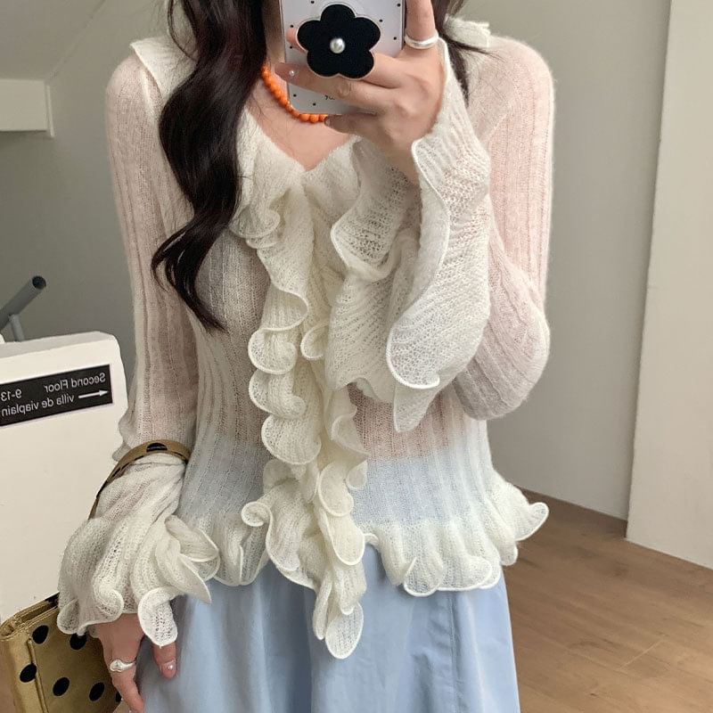 Sheer Frill Trim V-Neck Knit Top
