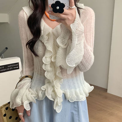 Sheer Frill Trim V-Neck Knit Top