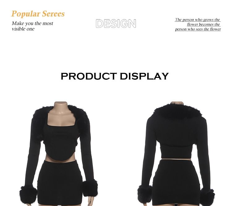 Furry Trim Crop Top and Mini Skirt Set