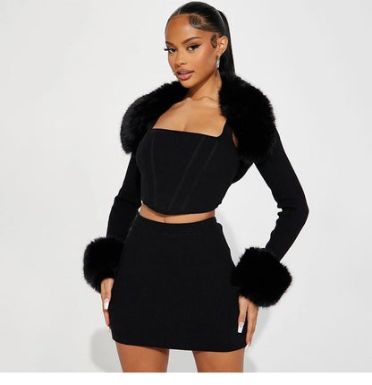 Furry Trim Crop Top and Mini Skirt Set