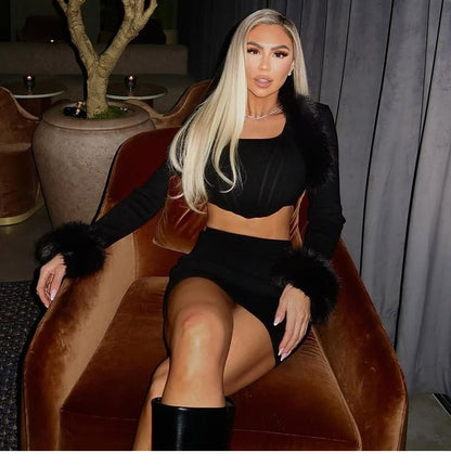 Furry Trim Crop Top and Mini Skirt Set