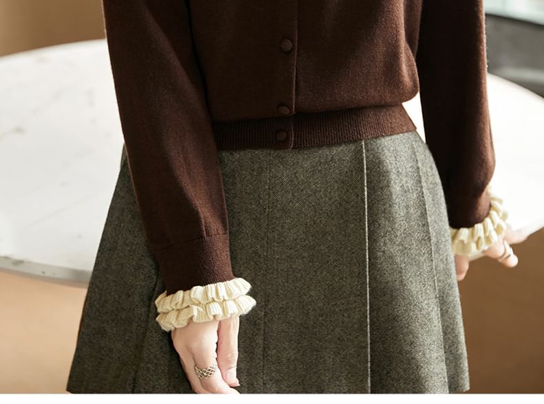 Plain Ruffle Trim Button-Up Cardigan