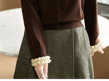 Plain Ruffle Trim Button-Up Cardigan