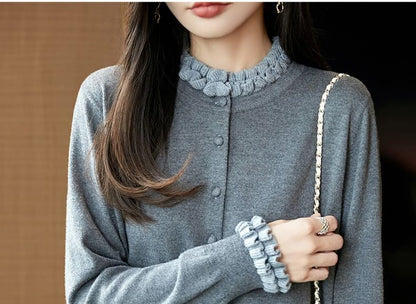 Plain Ruffle Trim Button-Up Cardigan
