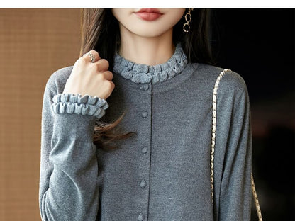 Plain Ruffle Trim Button-Up Cardigan
