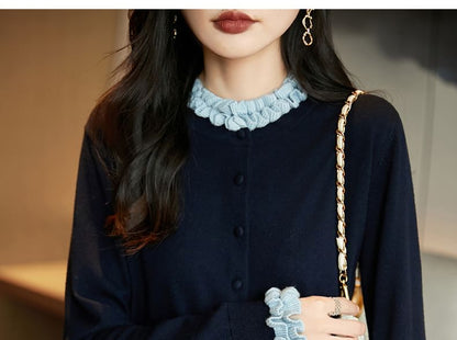 Plain Ruffle Trim Button-Up Cardigan
