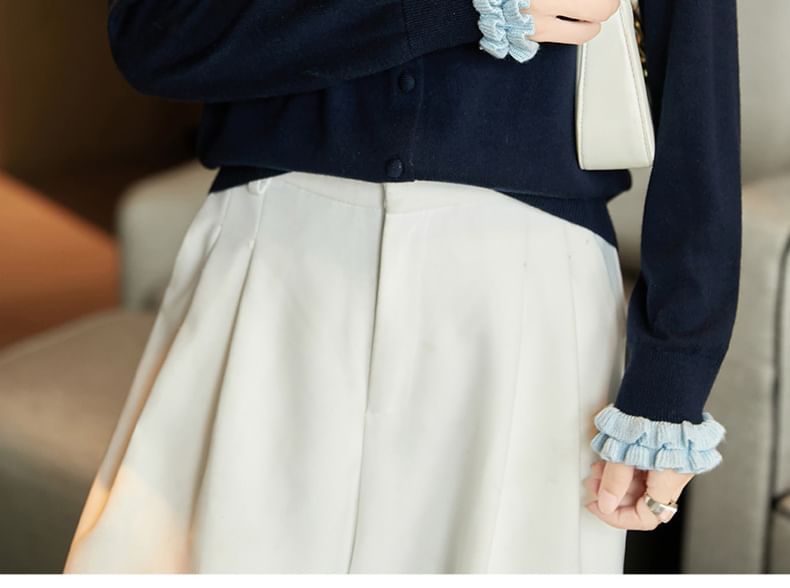 Plain Ruffle Trim Button-Up Cardigan